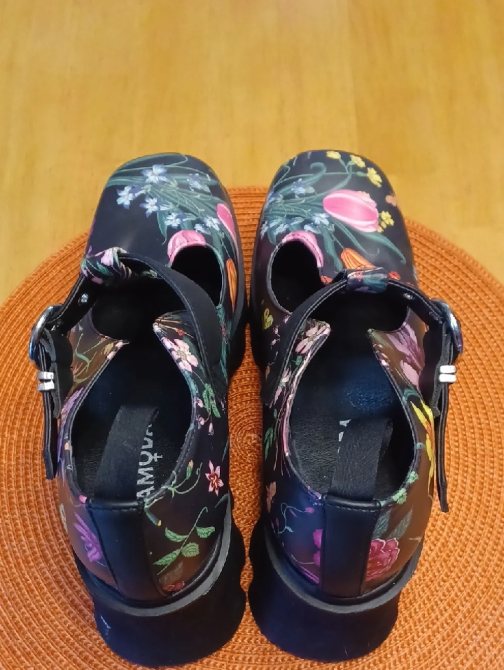 Floral Mary Jane Platform Shoes - Black/Pink